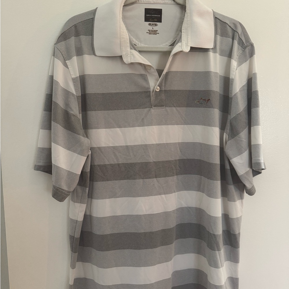 Greg Norman Collection White and Gray Striped Polo Shirt